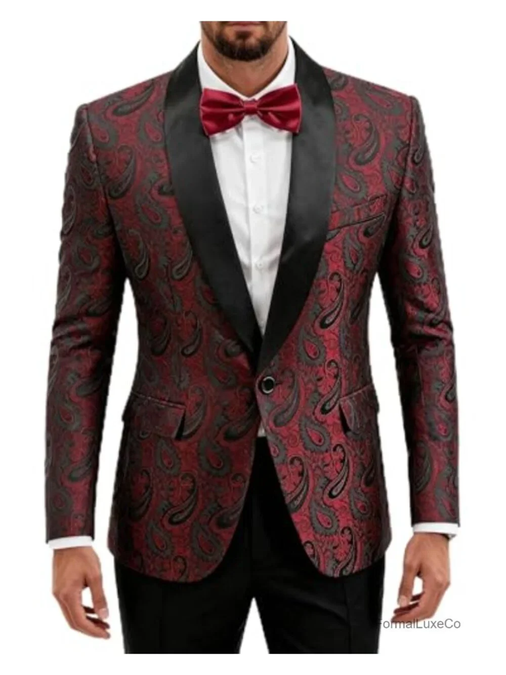 Paisley Tuxedo Jacket One Button Shawl Collar Formal Blazer with Bow Tie